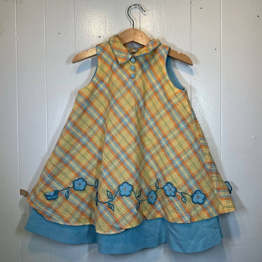 Sarah Elouise Vintage Plaid Yellow Orange Blue Flower Appliqué 60s 70s Girls 4